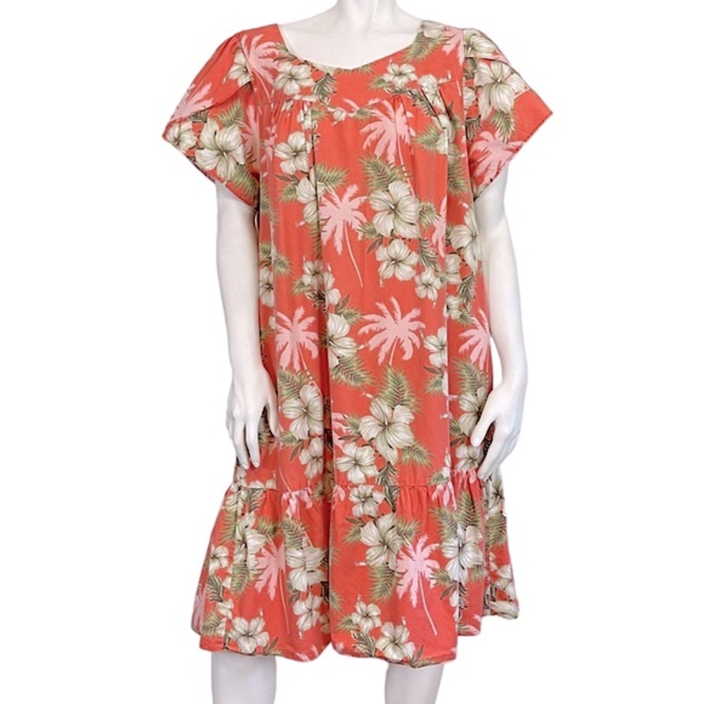 VINTAGE Ali’l Fashions Hawaiian Coral Hibiscus Print Cotton Tulip Sleeve Muu Muu